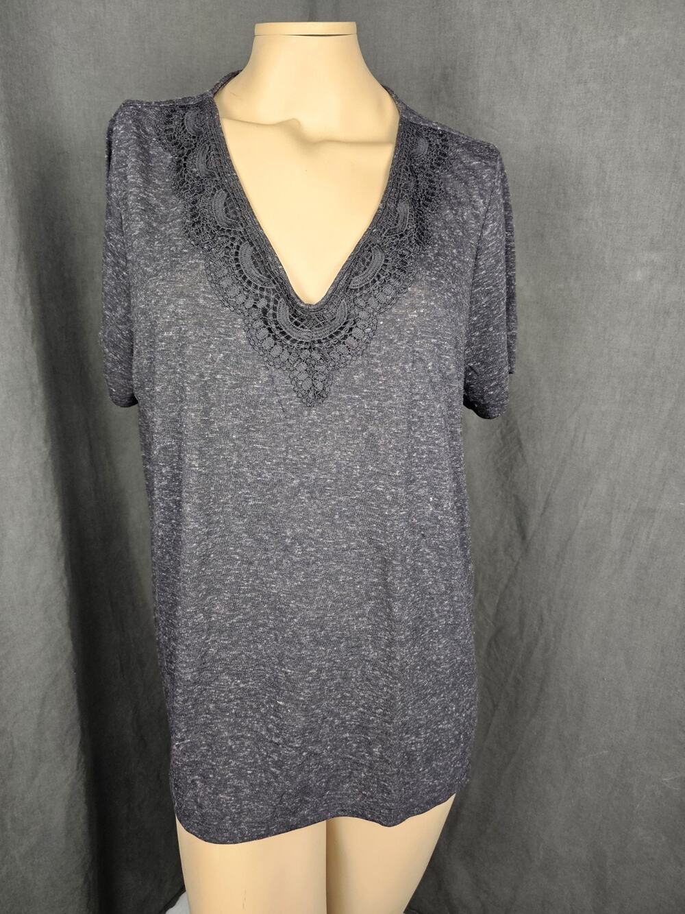 Ella Moss NWT V-Neck Lace Trim Top Short Sleeve Linen Blend Knit Blouse XL